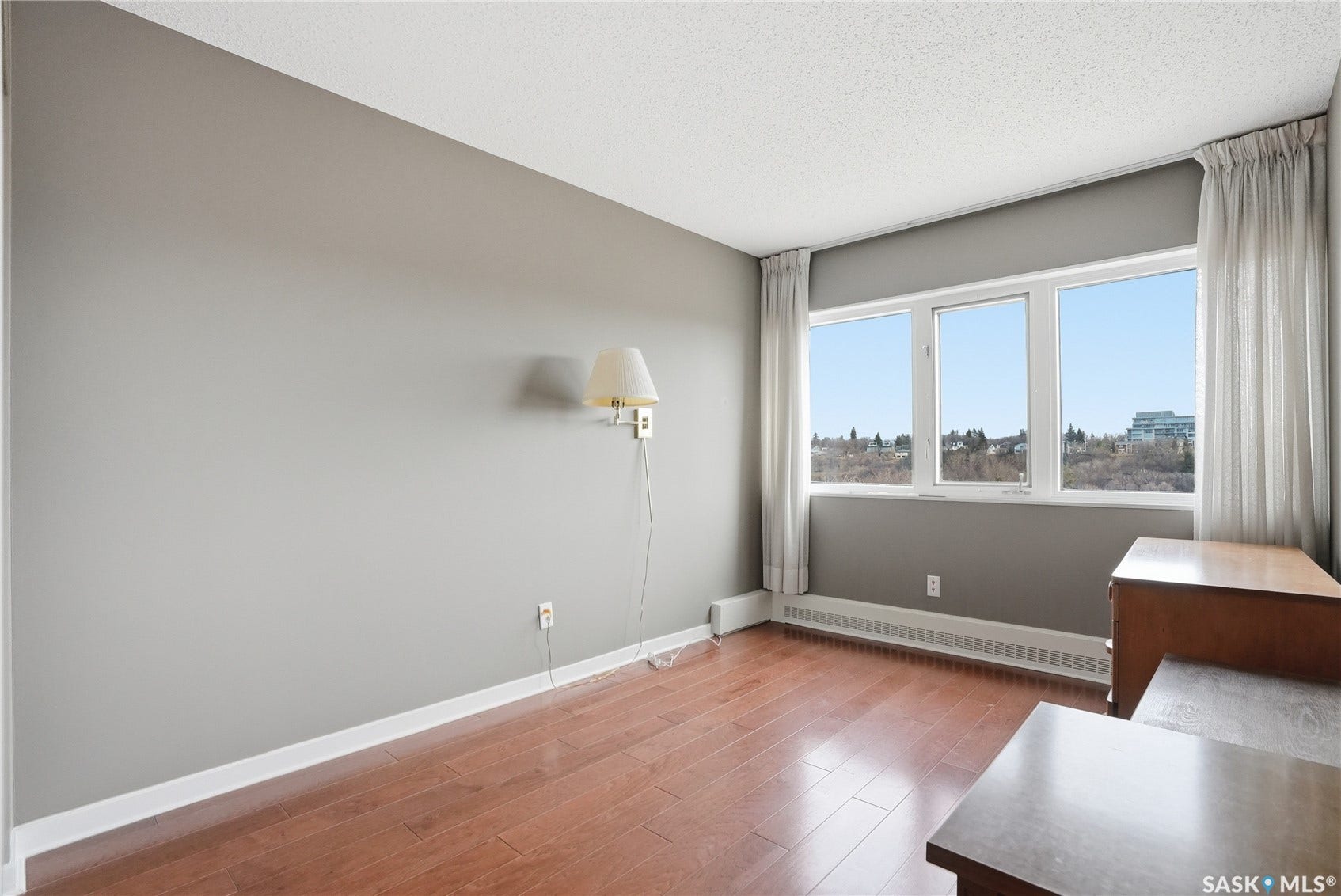 Hardwood-finish flooring, light grey painted walls, and a large three-panel window