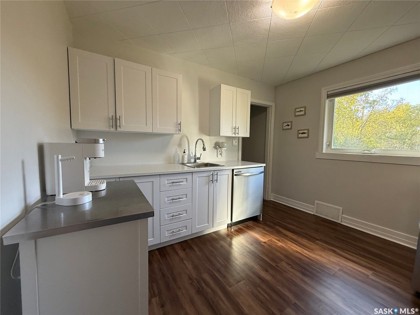 White cabinetry, stainless steel sink, stainless steel dishwasher, light-toned countertops, and wood-finish flooring