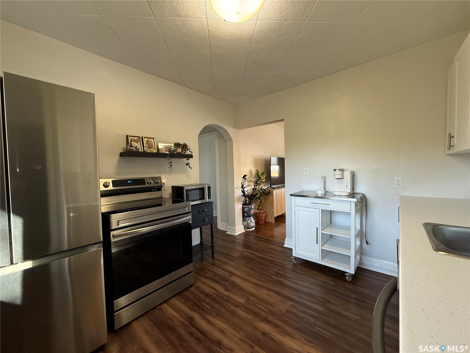 Stainless steel appliances, wood-finish flooring, white cabinetry, and an arched doorway
