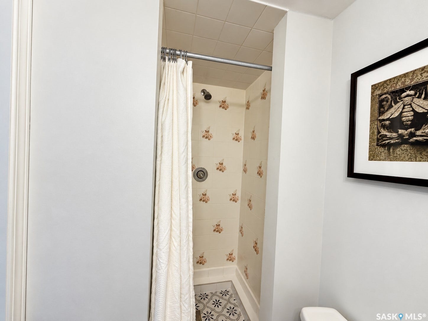 Shower stall with patterned wall tiling and decorative floor tiles