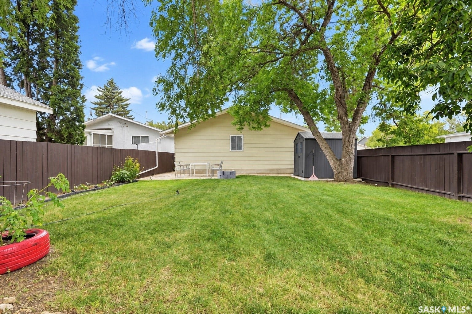 Expansive lawn area with mature trees, privacy fencing, a storage shed, and a paved patio space