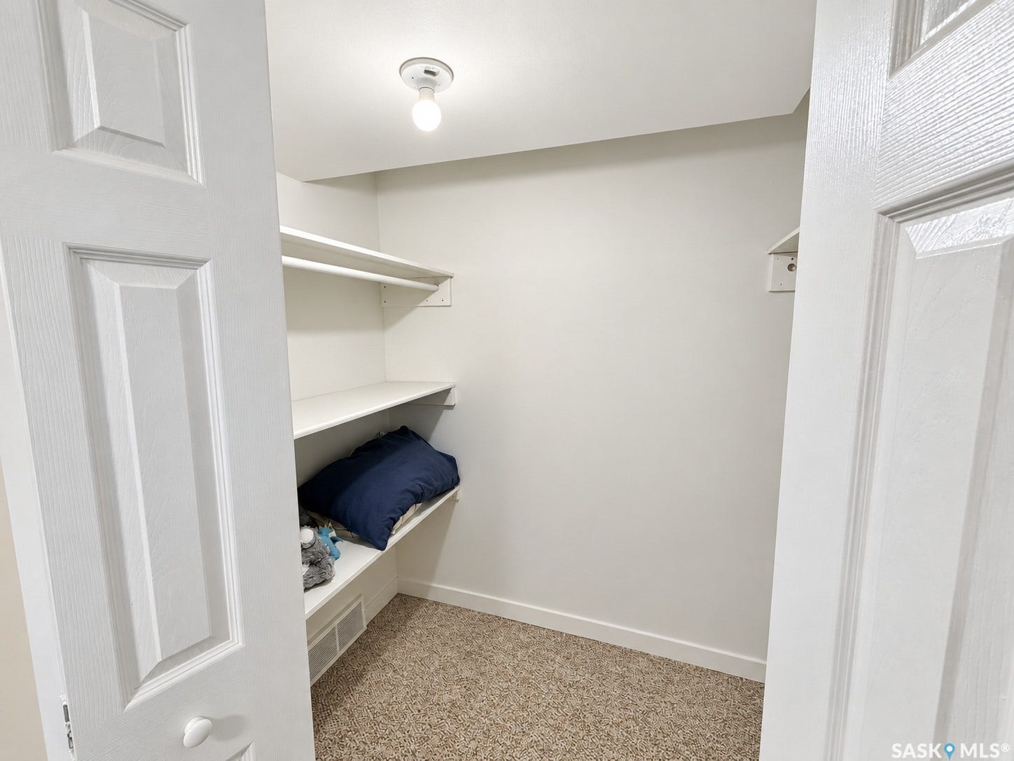 Built-in shelving with hanging rods and neutral carpeting