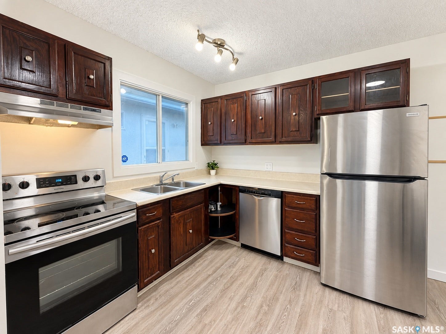Stainless steel appliance suite, wood-finish flooring, dark wood cabinetry, dual basin sink, and recessed lighting