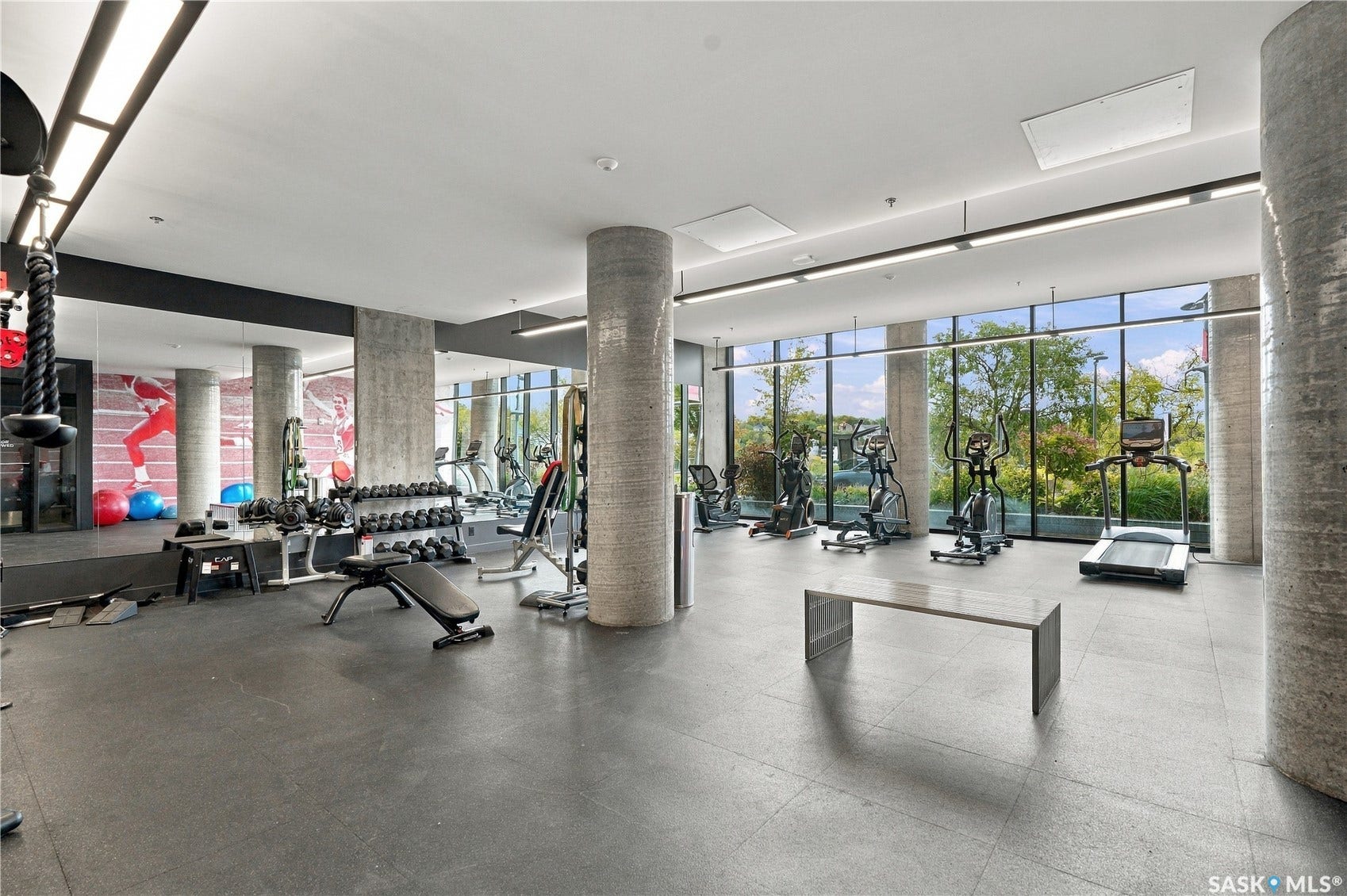 Expansive fitness room featuring floor-to-ceiling windows, mirrored walls, a weight rack, and various cardio machines