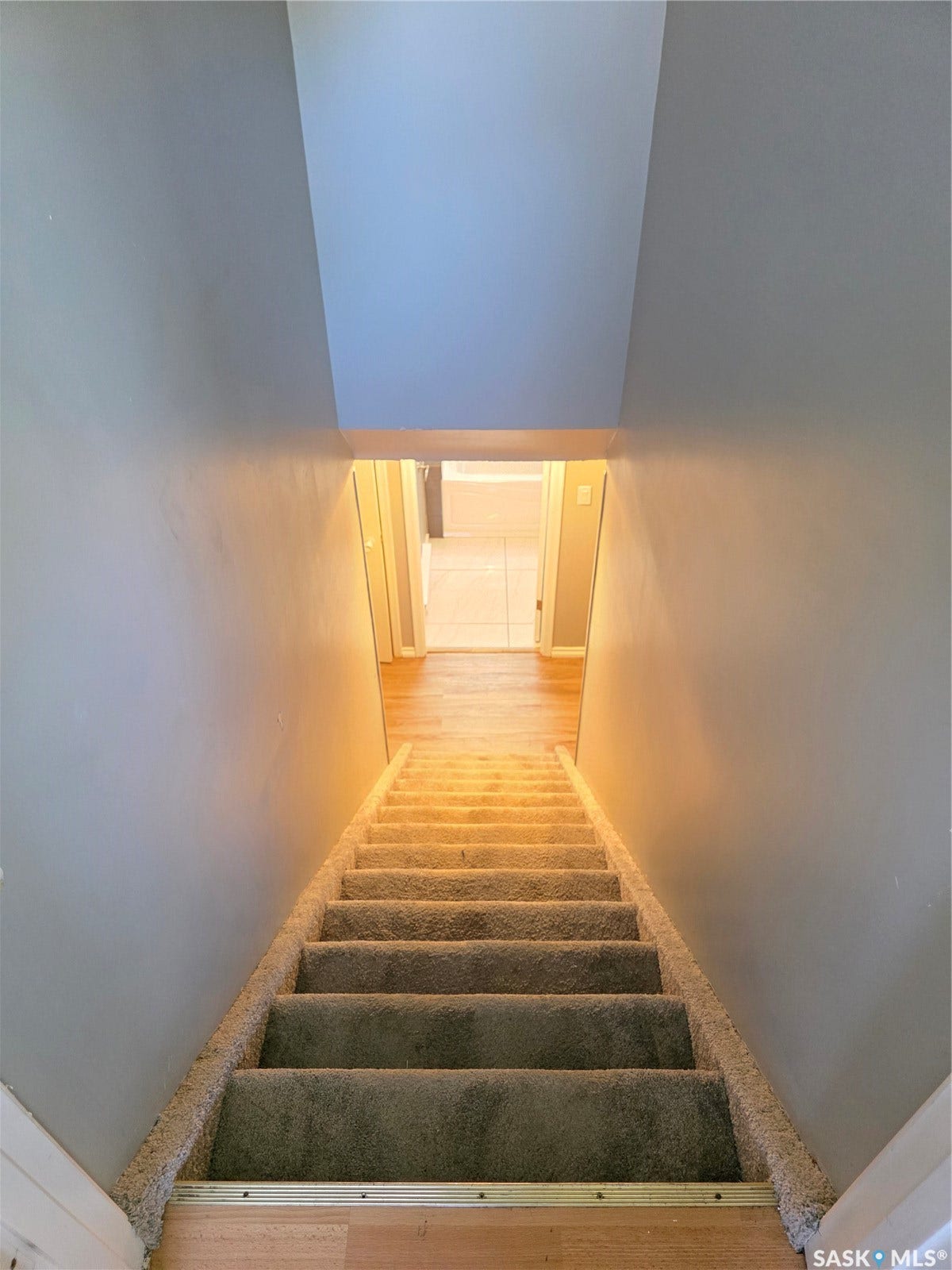 Carpeted stairs with wood-finish flooring at the top and bottom