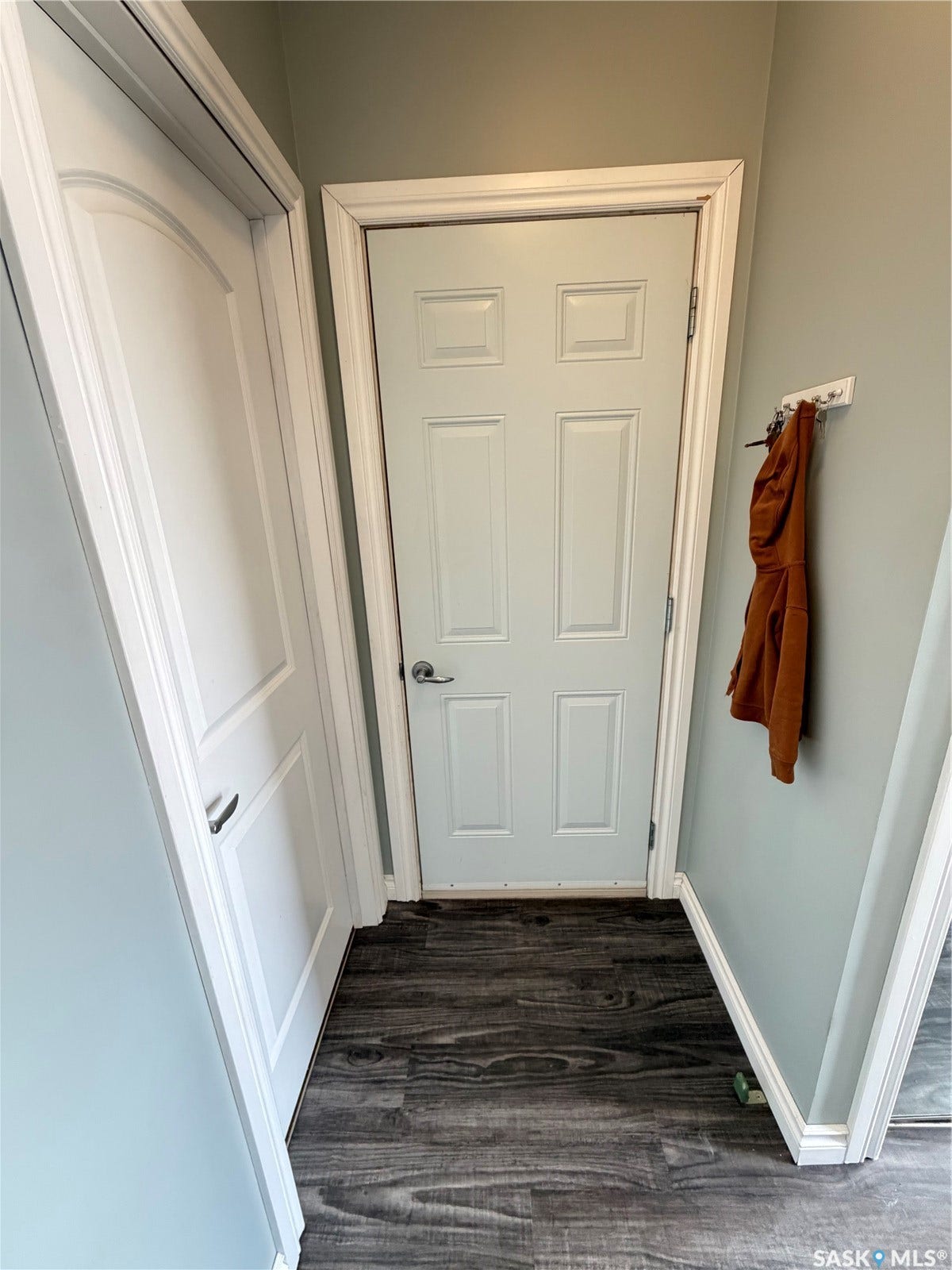Wood-finish flooring with white trim and a six-panel interior door