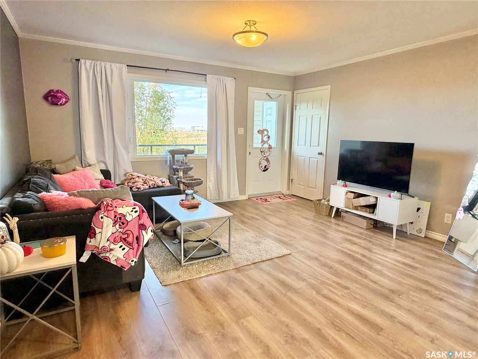 Wood-finish flooring throughout, complemented by light gray wall tones and white trim