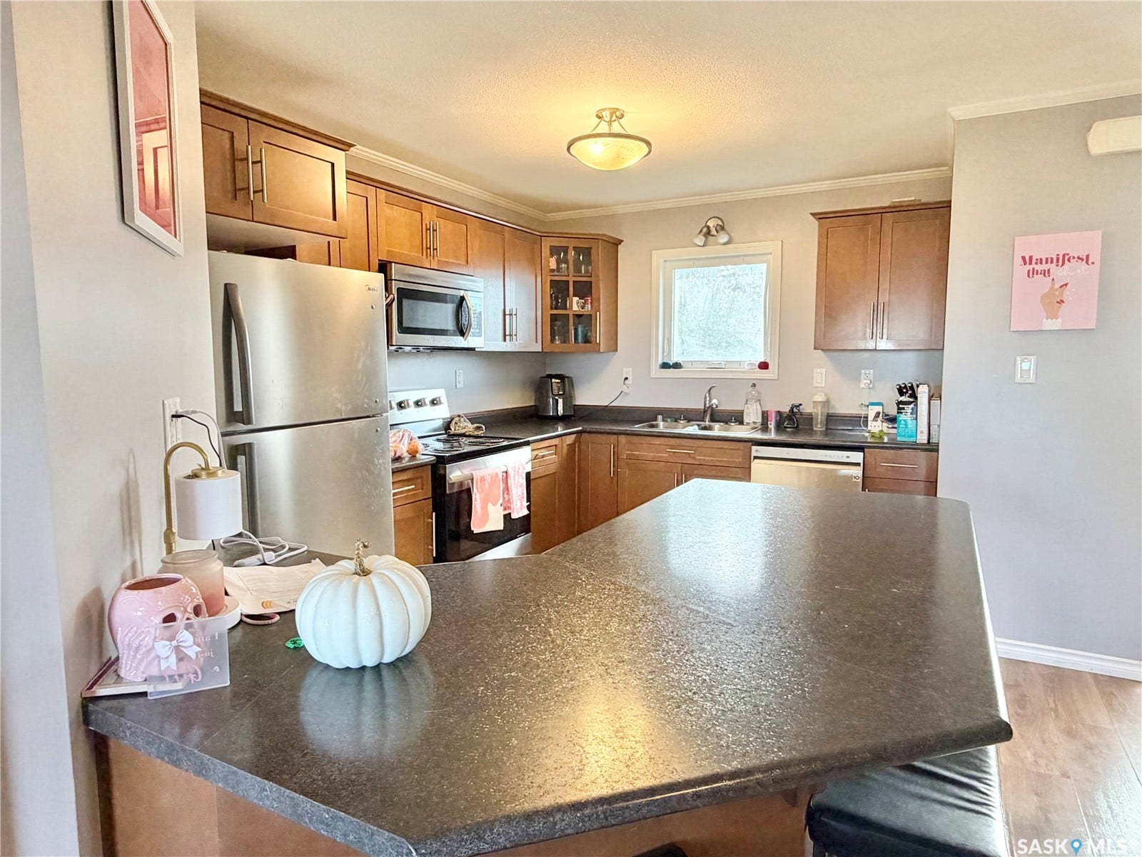 Open-concept kitchen featuring wood cabinetry, stainless steel appliances, dark countertops, and wood-finish flooring
