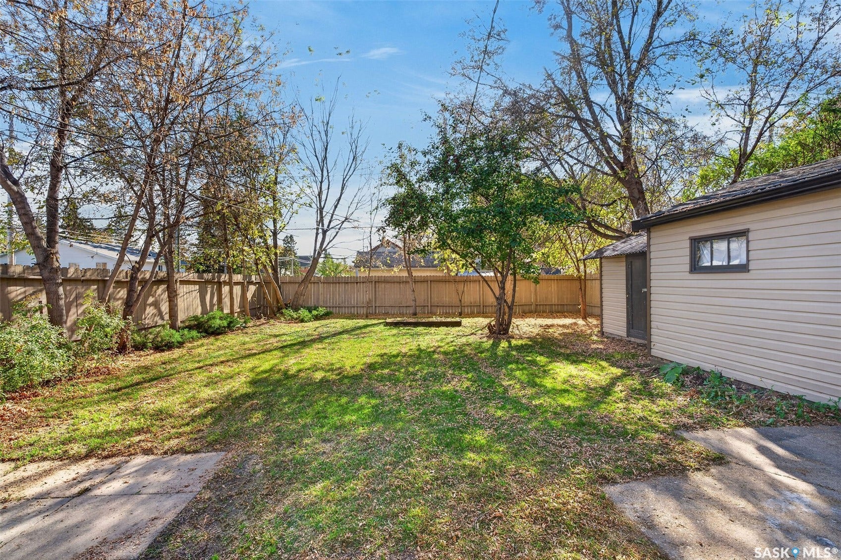 Expansive lawn with mature trees and a wood privacy fence