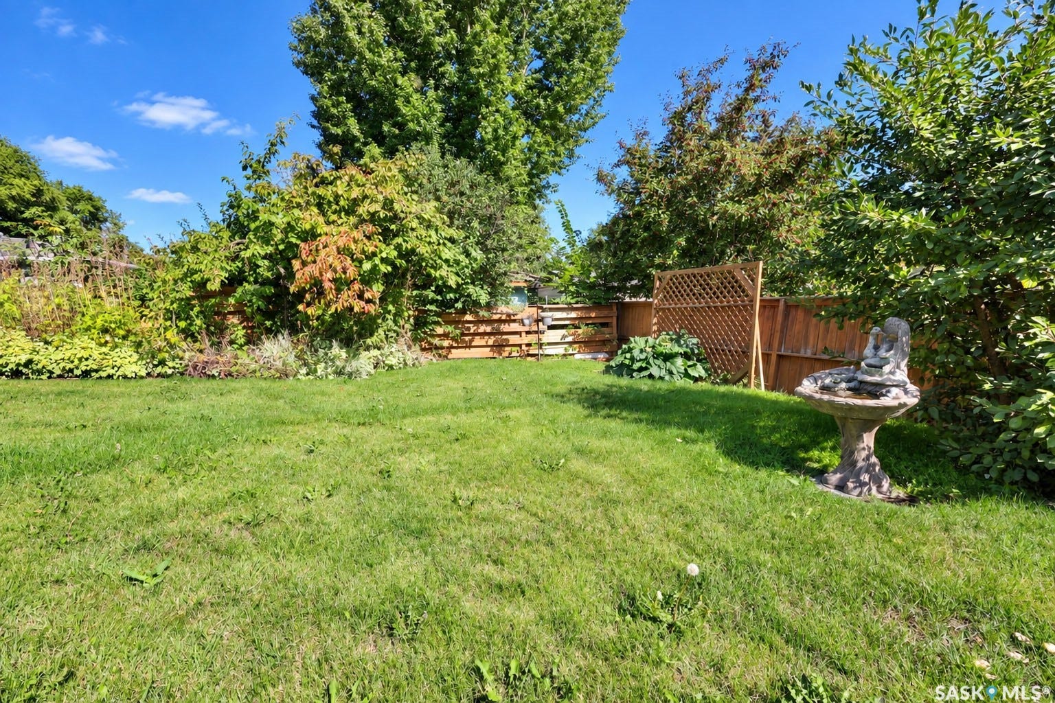 Expansive lawn area, wood panel fencing, mature perimeter plantings, lattice panel accent