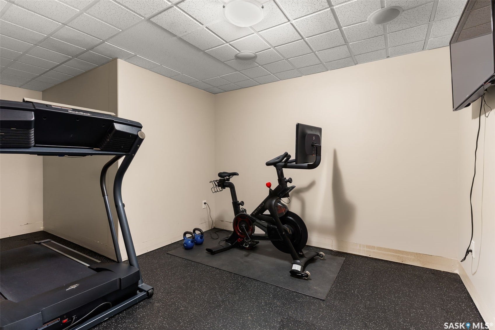 Recessed lighting fixtures, ceiling-mounted speakers, mounted television, and rubber flooring