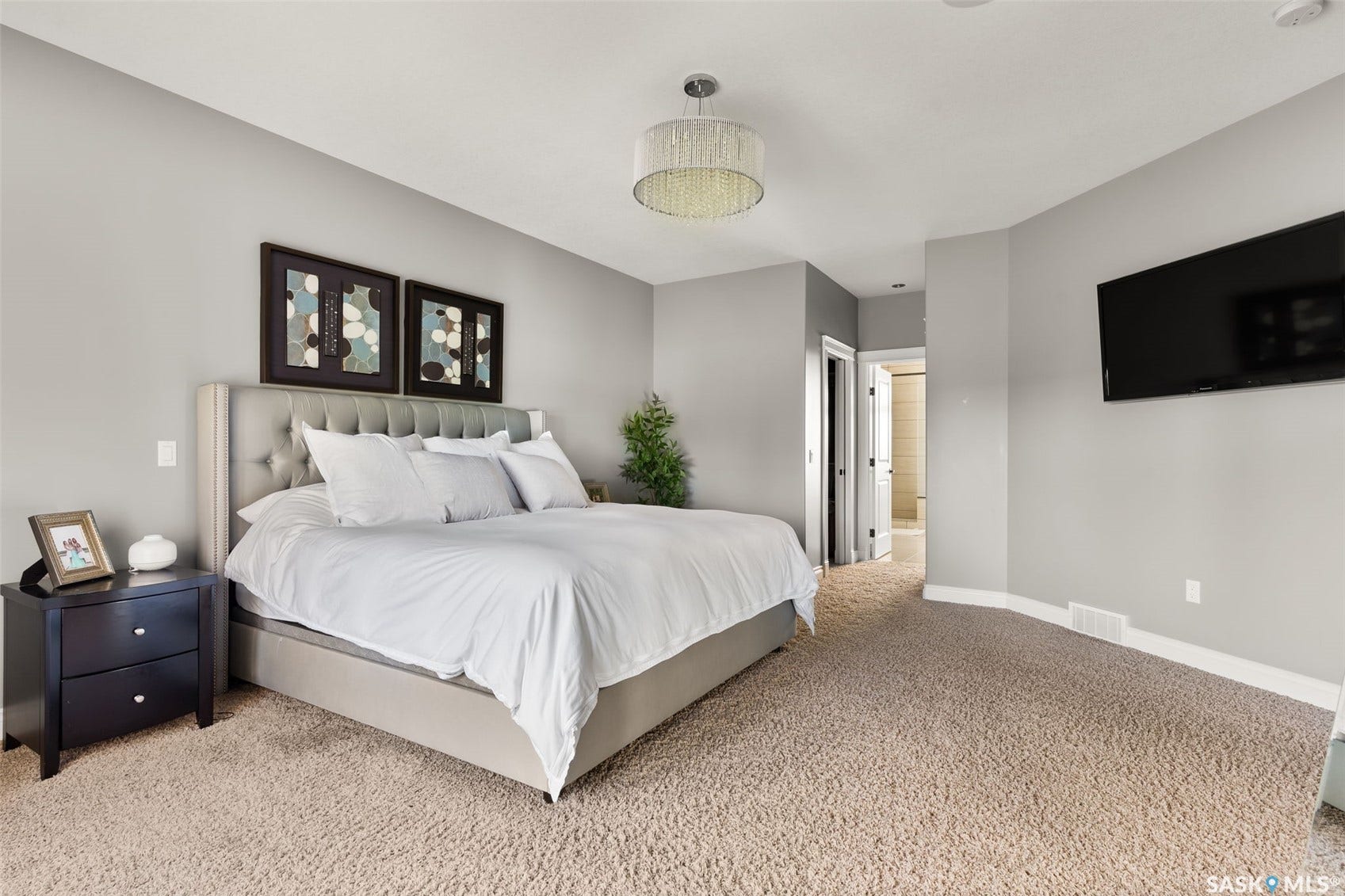 Plush carpet flooring complements neutral-toned walls, enhancing the room's spaciousness
