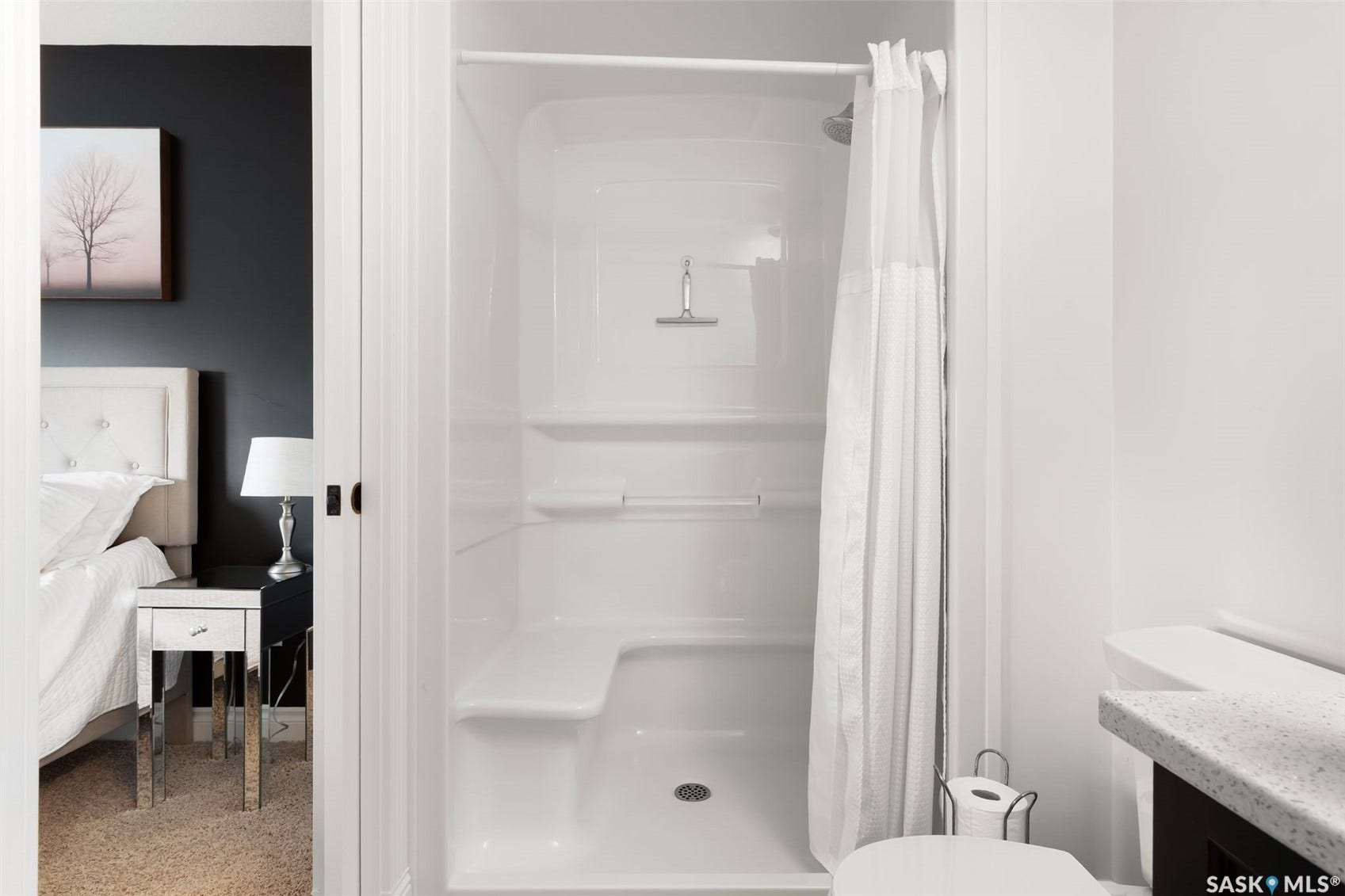 Shower with an integrated seat and shelving, combined with a countertop featuring a vessel sink