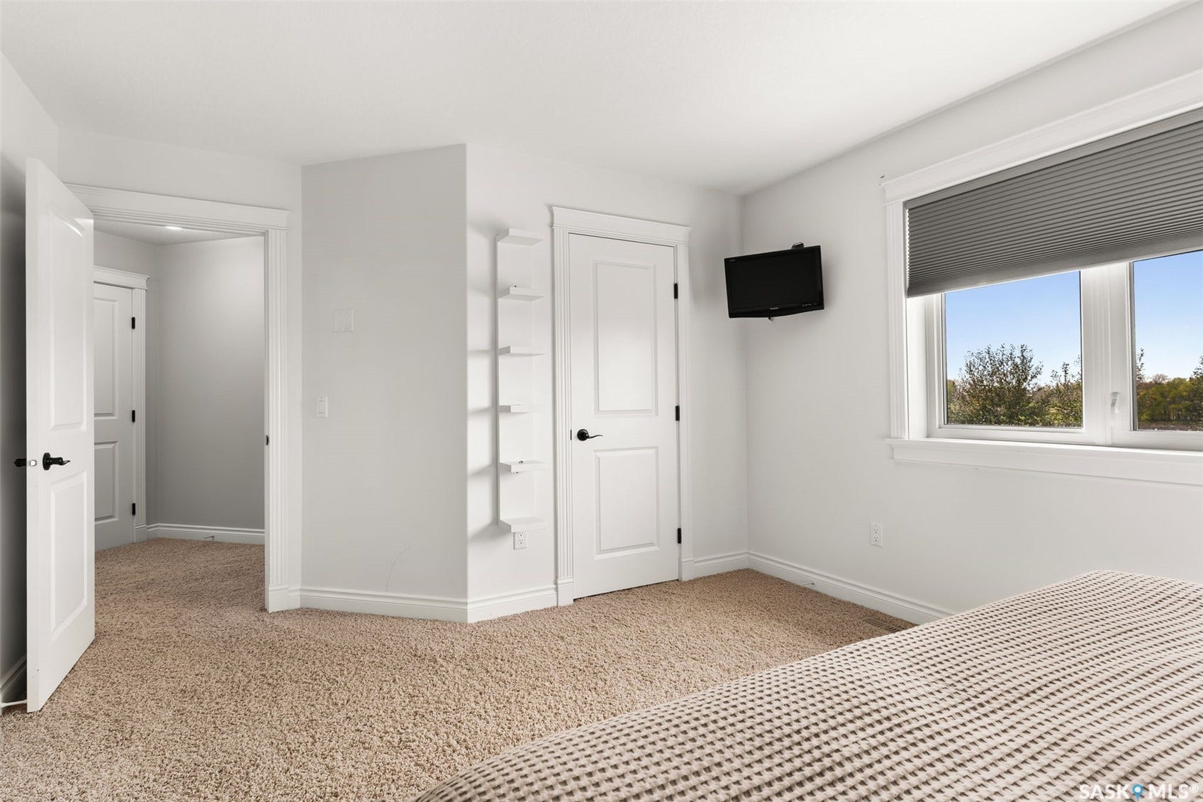 Plush carpet flooring, white painted walls, built-in shelving, two pane window with cellular shades, and white interior doors
