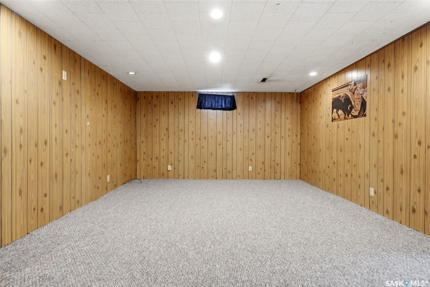 3361 Wascana Street, Regina SK S4S 2H2 Recessed lighting illuminates the room, featuring wood paneling walls and a textured carpet floor