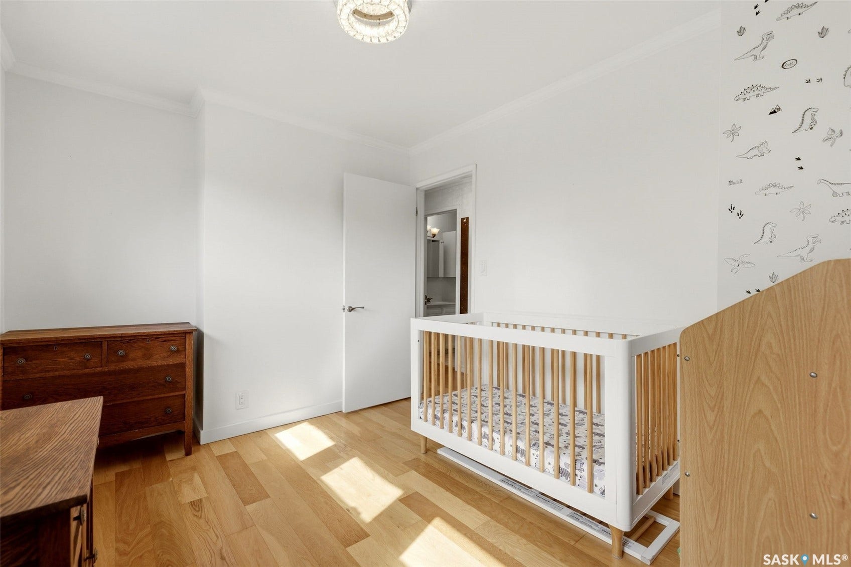 Light wood-finish flooring, white walls with crown molding, and a flush-mounted ceiling light fixture