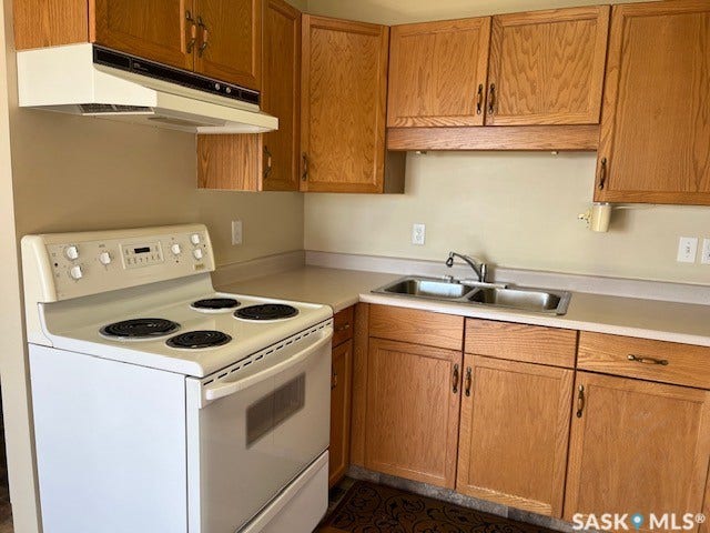 Wood-finish cabinetry paired with light countertops, a double basin stainless steel sink, and a white electric range with an overhead vent