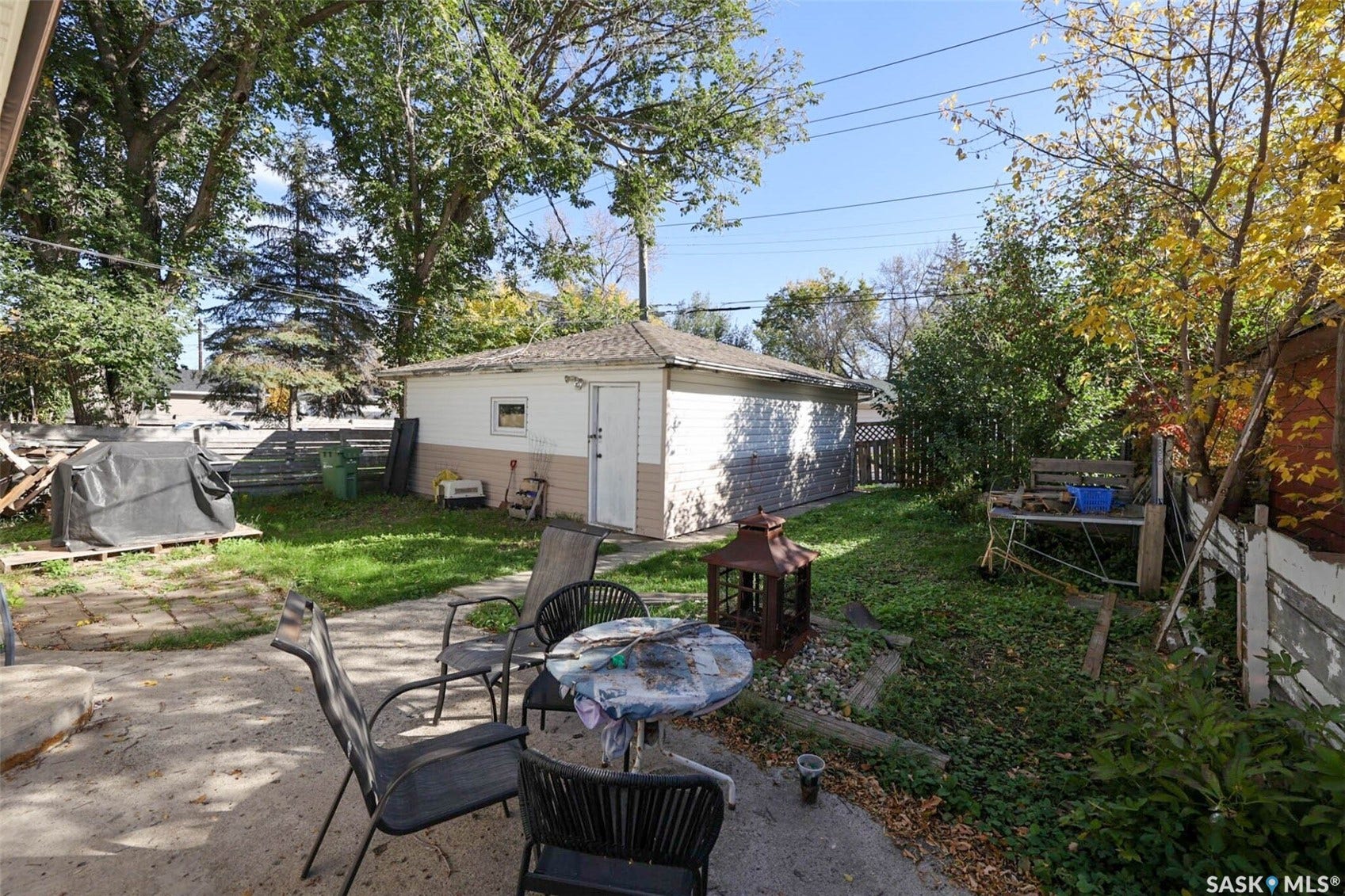 1021 Campbell Street, Regina SK S4T 5P5 Spacious backyard featuring a concrete patio, mature trees, and a detached garage