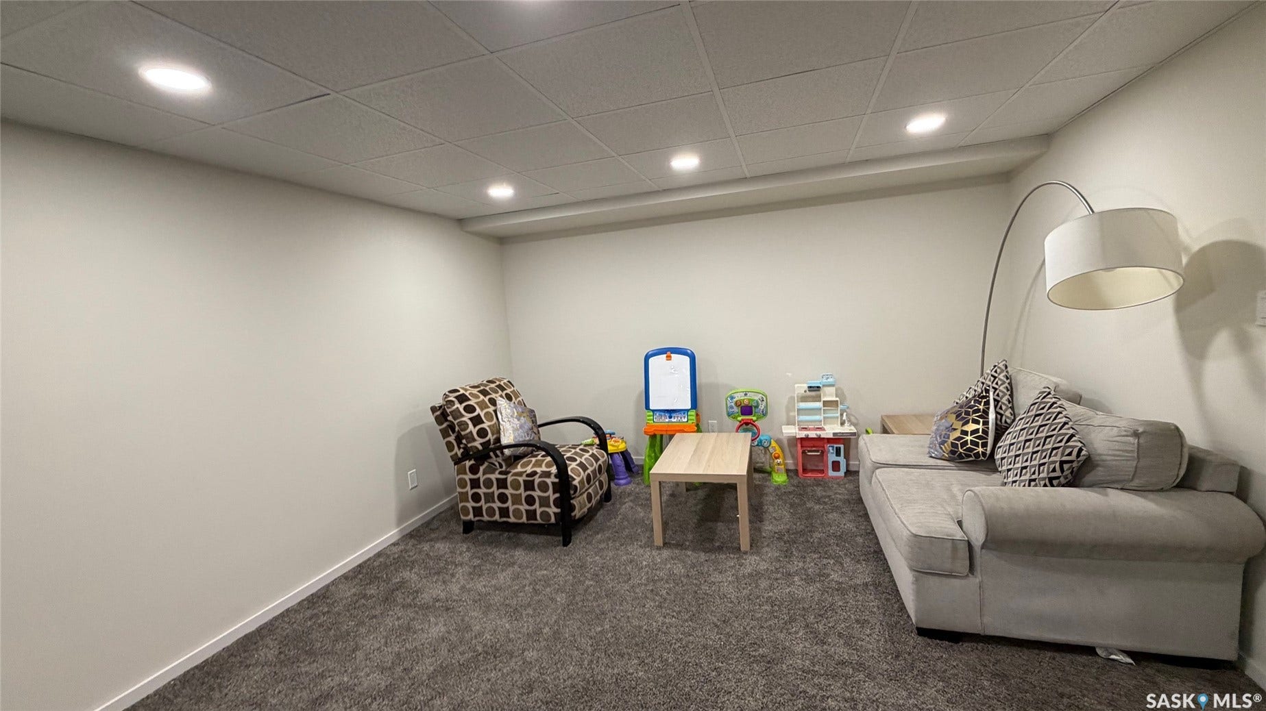 Recessed lighting, light-toned walls, and dark gray carpeting