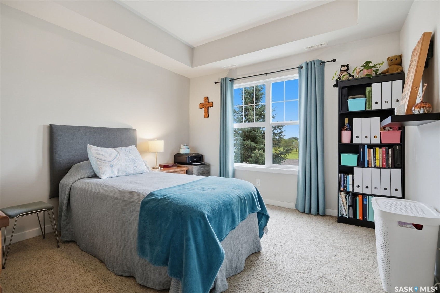 Tray ceiling detail, carpet flooring, a multi-pane window, and a built-in shelving unit