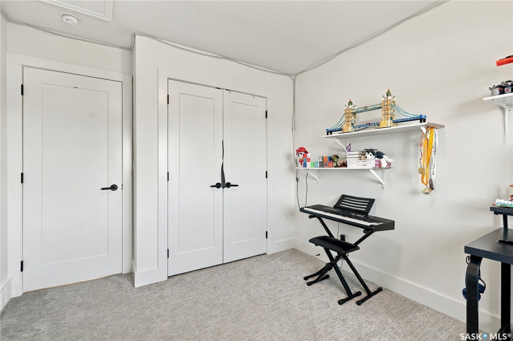 Neutral wall finishes, light-toned carpet, and flush-panel doors with dark hardware