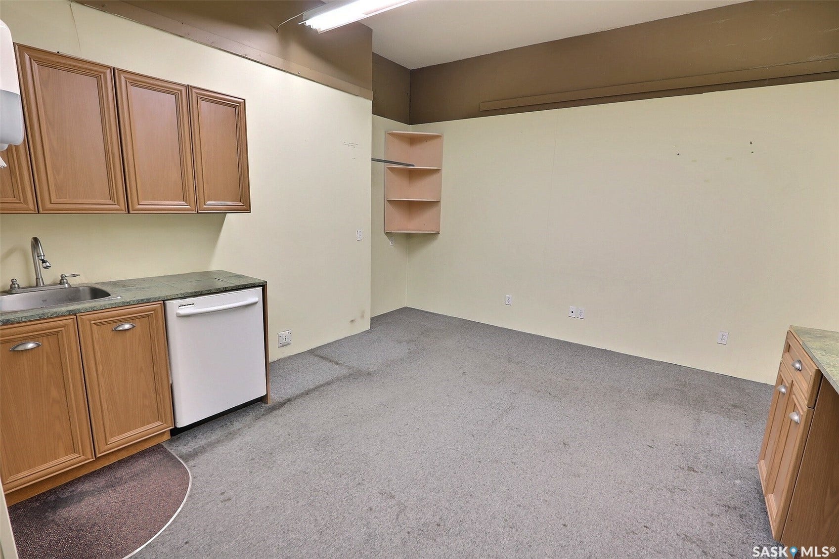 Built-in cabinetry with wood-finish doors, integrated sink, and dishwasher