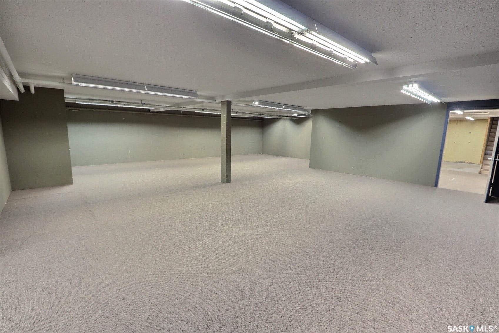 Expansive open area featuring neutral-toned carpeting, light-colored walls, and overhead fluorescent lighting