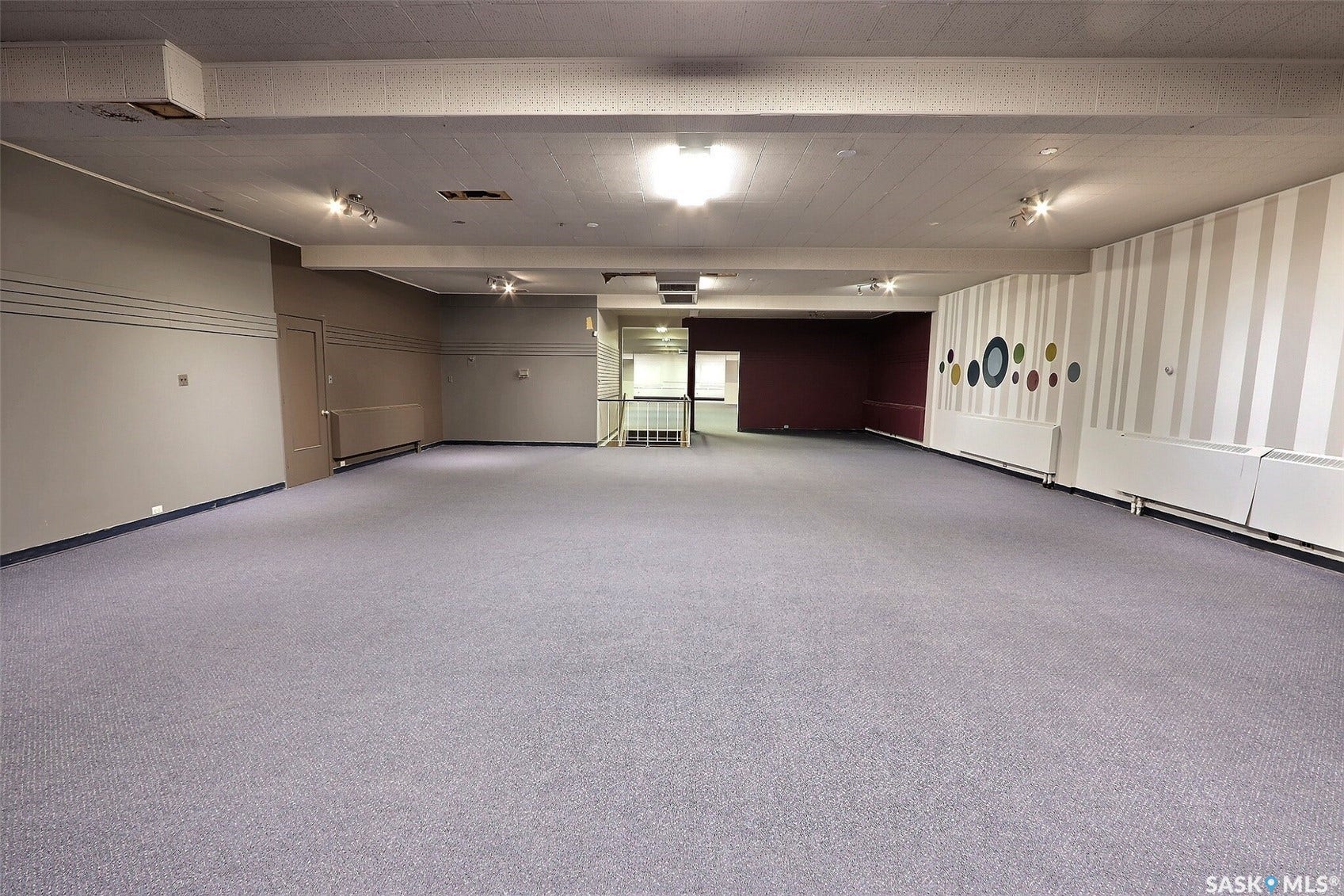 Expansive room featuring light gray carpeting, neutral-toned walls with accent stripes, and multiple wall-mounted heating units
