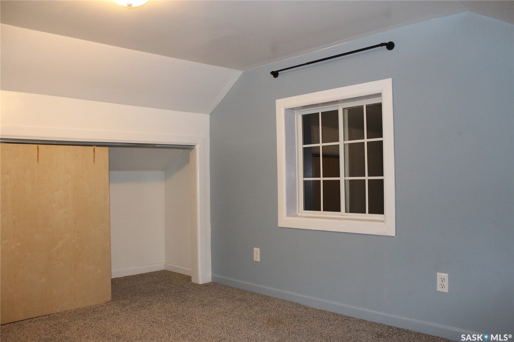 Window with grid detailing, light-toned wall finish, recessed closet with sliding wood-finish door, and carpet flooring