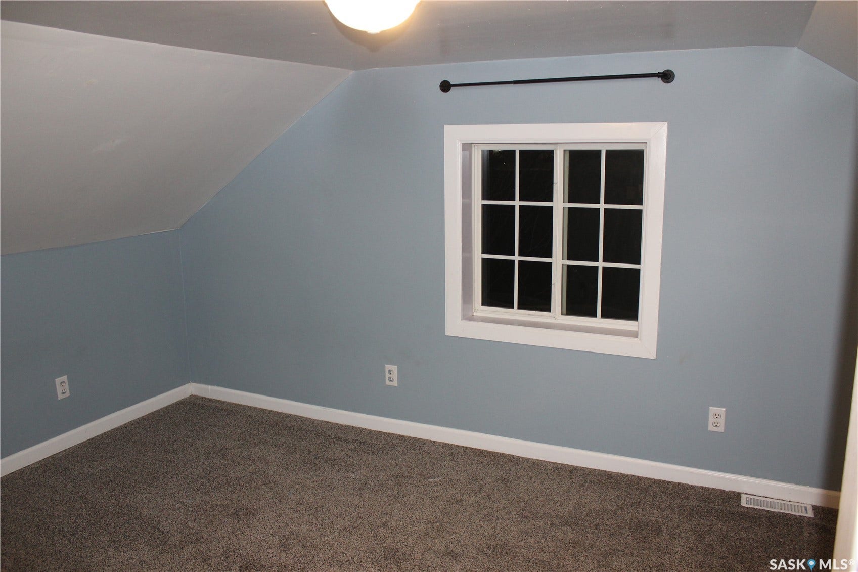 Window with white muntins, carpeted flooring, and a ceiling-mounted light fixture