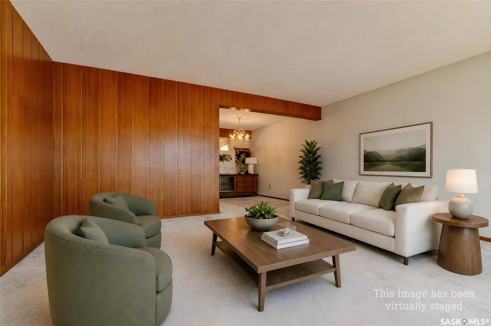 Wood-paneled accent wall, neutral wall color, and light-toned carpeting