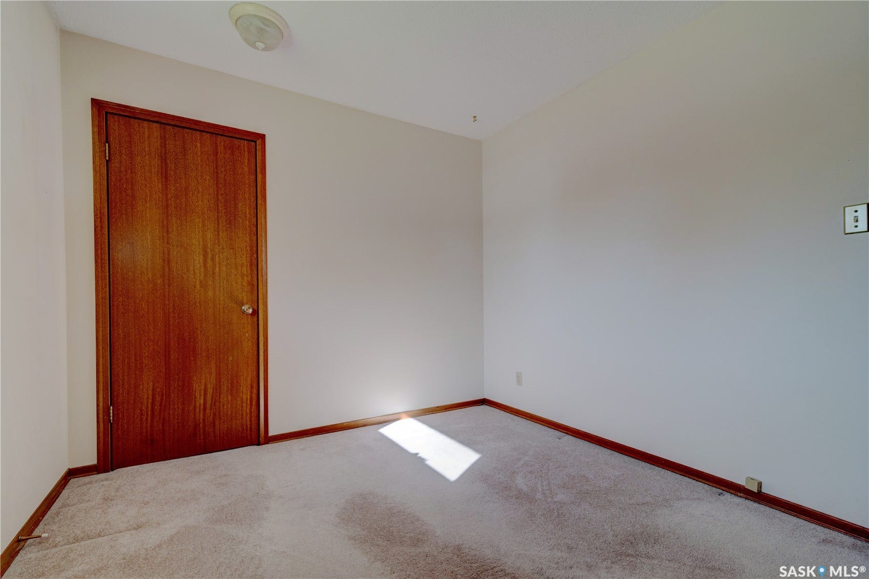 Neutral wall color, wall-to-wall carpeting, wood-finish door, matching wood-finish trim, ceiling-mounted light fixture