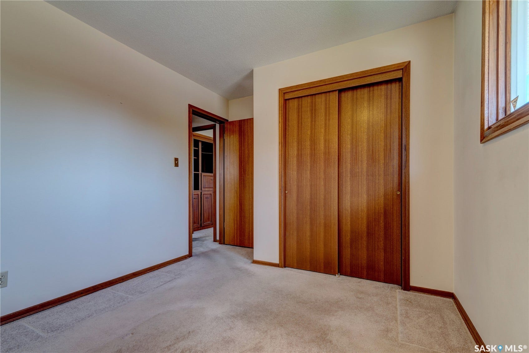 Carpeted flooring, wood-finish trim, wood-finish sliding doors, and a wood-finish window frame