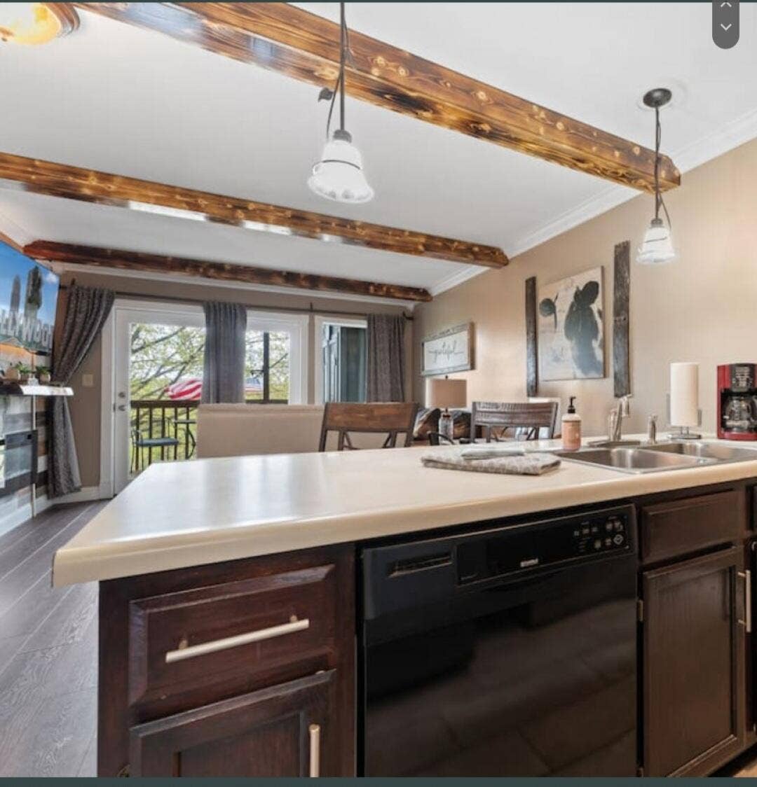 beamed ceiling kitchen area