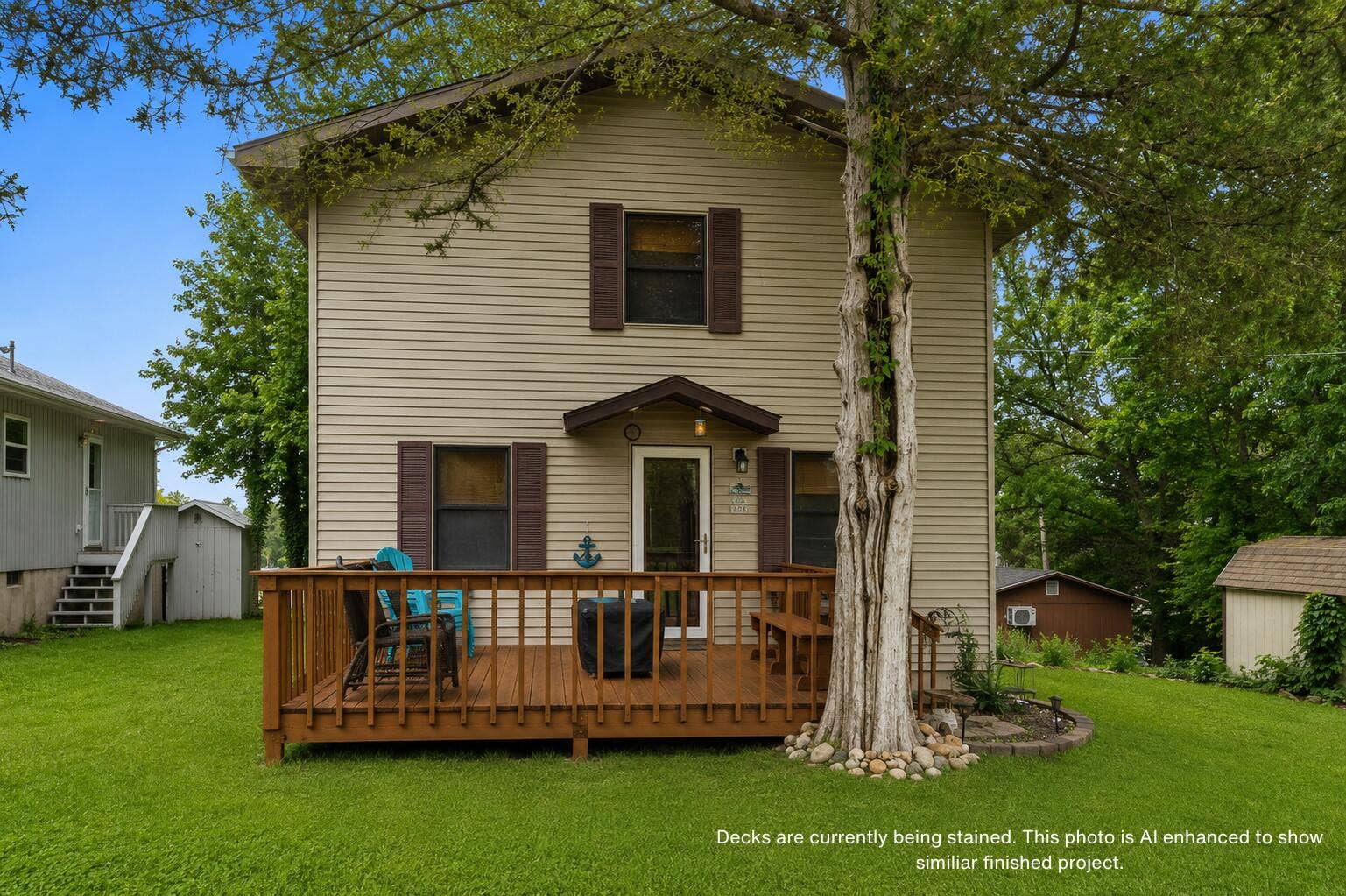 Front of home AI stained w text