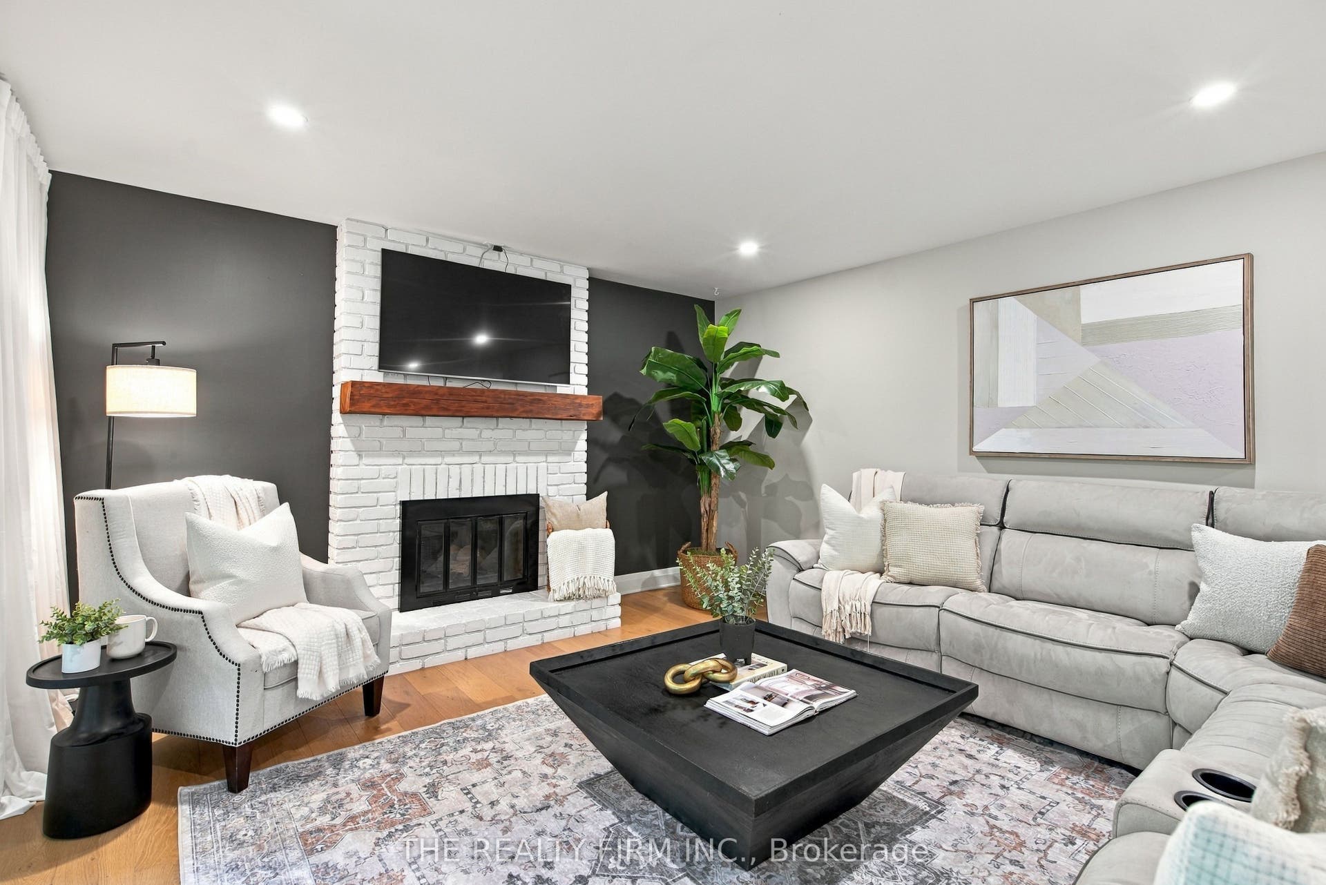 Family room with wood burning fireplace
