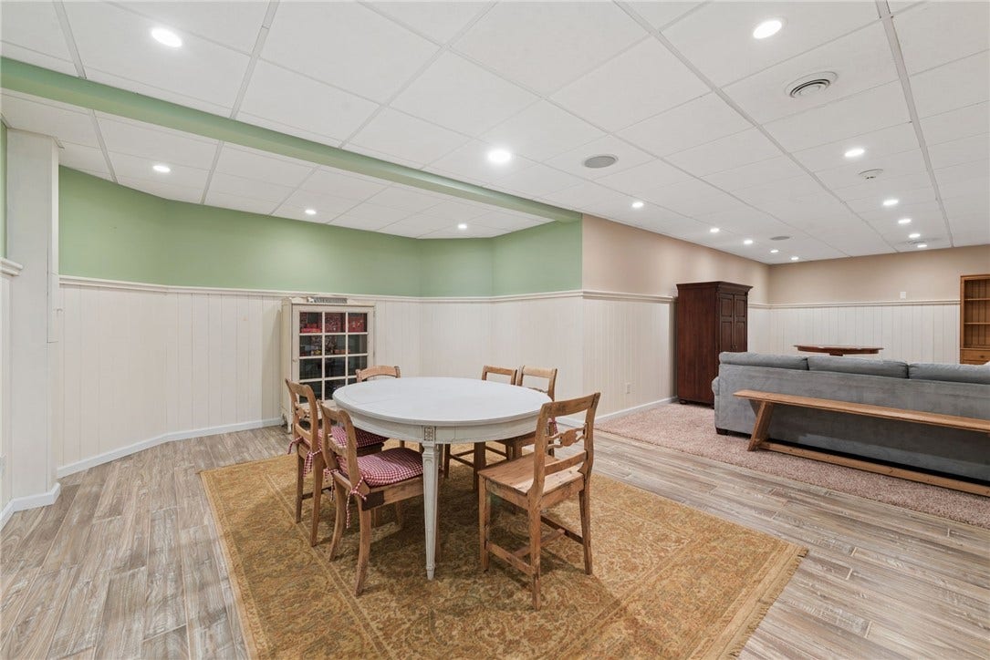 v-groove wood paneling on the lower level walls