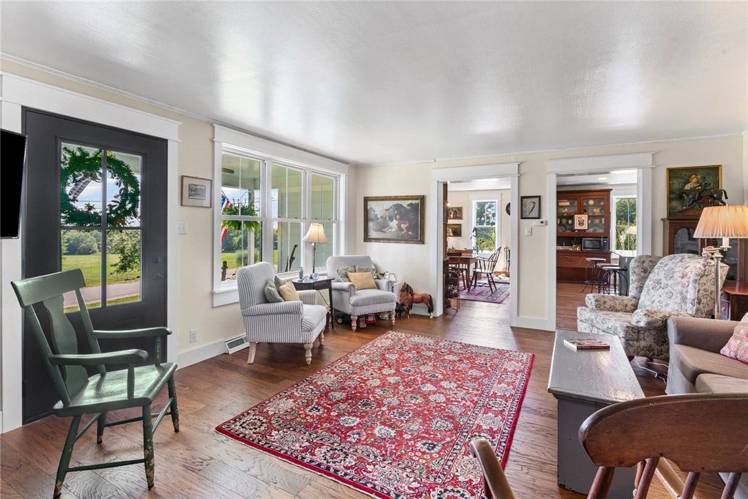 The farmhouse offers cozy living areas with room to unwind after a day outdoors.