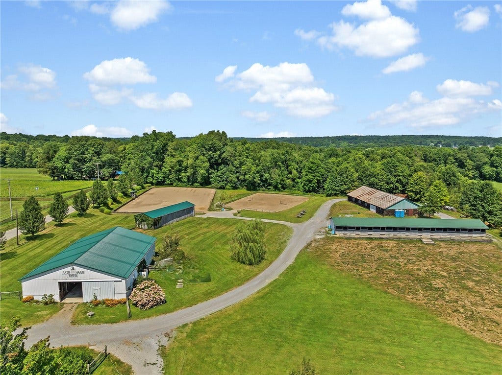 Multiple barns offer flexibility for boarding, training, storage, or farm use.