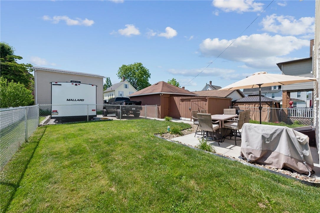 Backyard with view of the garage and additional off street parking