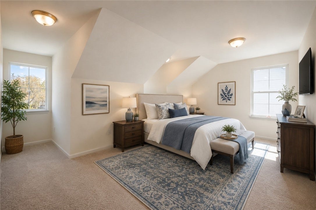 Upstairs suite stage as a bedroom. Can be a sitting room instead.