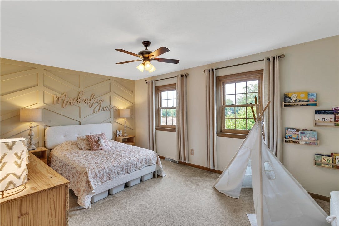 3 Sarah Ct., Irwin, PA 15642 16x12 Bedroom #2 with Ceiling Fan, Neutral Palette, and Custom Accent Wall.