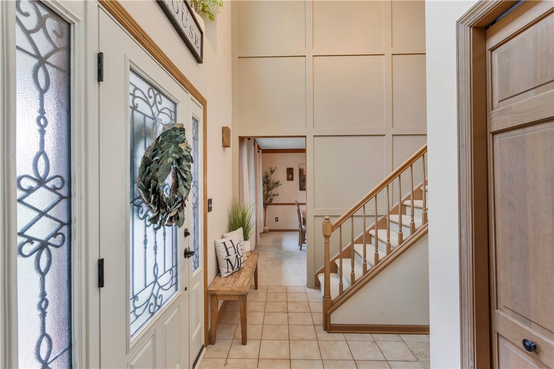 Beautiful Front Door with Side Lights. Coat Closet, and Accent Wall in the 2 Story Entry.