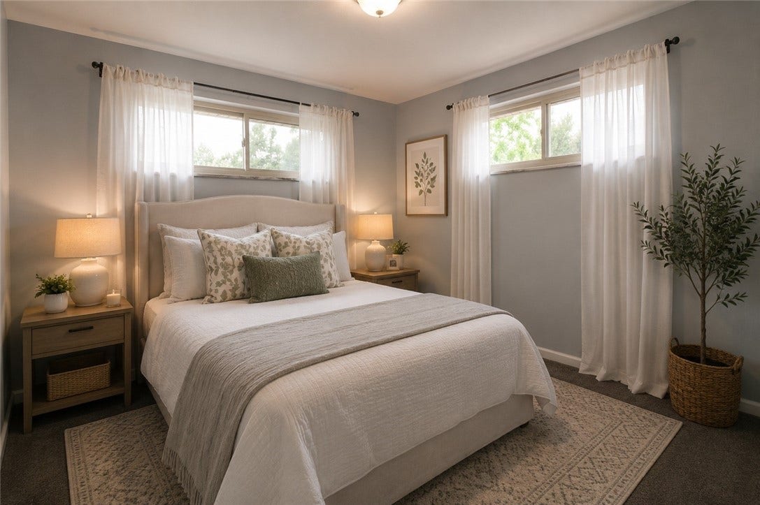One of the 4 bedrooms in this beautiful homes.  This is a virtually staged guest room.