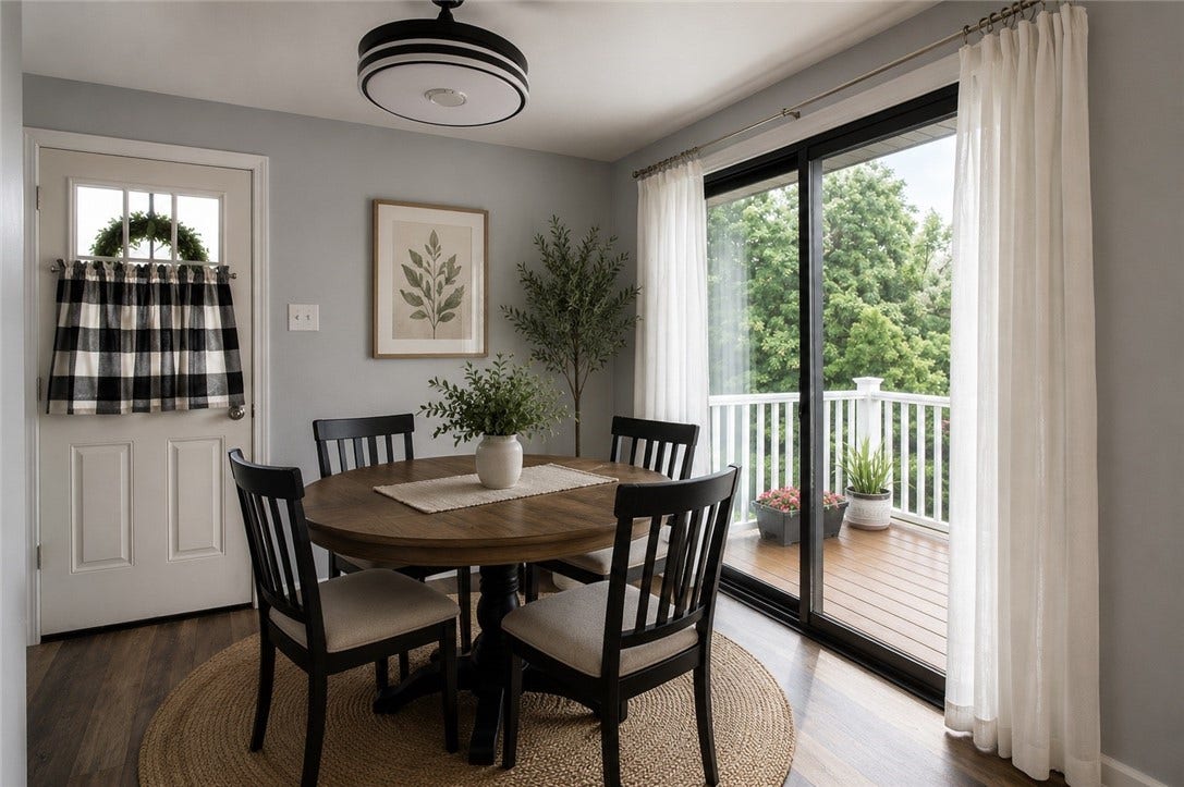 Virtually staged dining area with ceiling fan light.