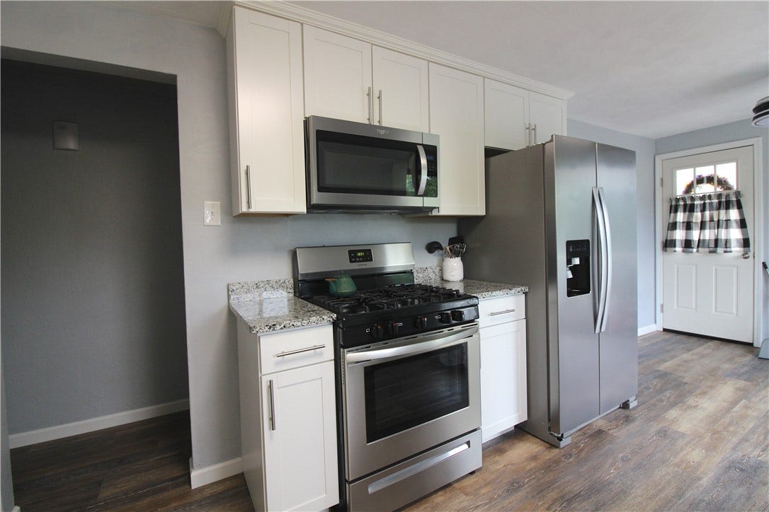 Stainless appliances including gas stove, microwave and refrigerator.
