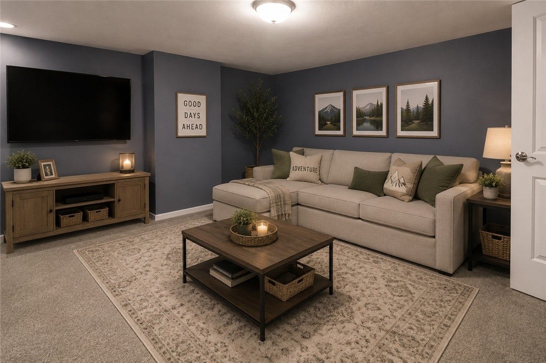 One half of the lower level which has been virtually staged.