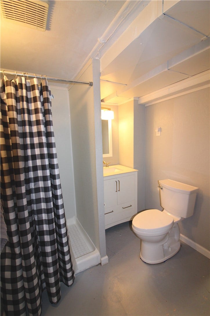 Lower level full bath with shower, sink and toilet.