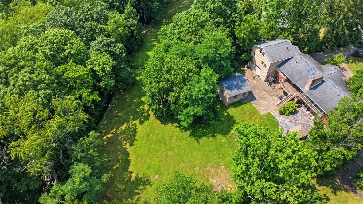2072 Outlook Drive, Pittsburgh, PA 15241 An aerial perspective highlights the rare combination of privacy, usable land, and mature trees on nearly 1.67 acres.