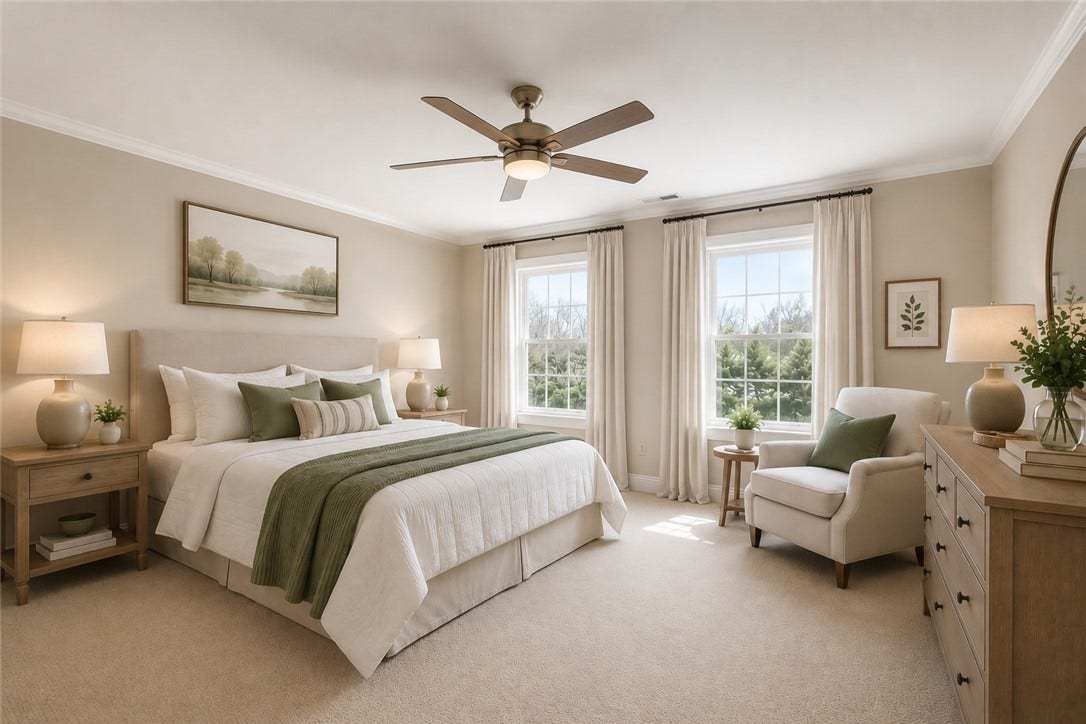 The digital staging of this room provides scale and potential design ideas.